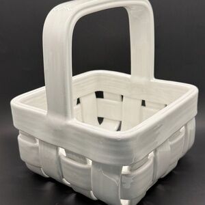 White Glazed Ceramic Woven Weave Bread Fruit Napkin Basket Decor Heavy